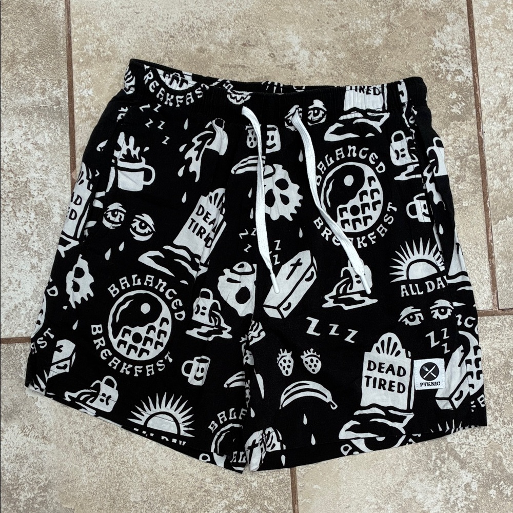 Black Graphic Athletic Shorts with White Print